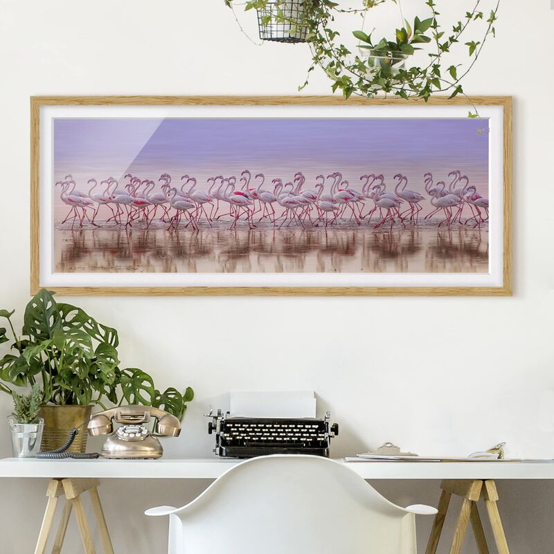 

Póster enmarcado - Flamingo partito Dimensión LxA: 50cm x 130cm, Marco: Roble