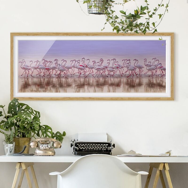 

Póster enmarcado - Flamingo partito Dimensión LxA: 40cm x 100cm, Marco: Roble