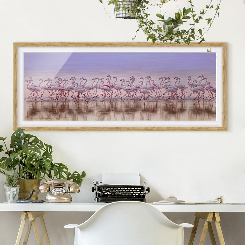 

Póster enmarcado - Flamingo partito Dimensión LxA: 30cm x 75cm, Marco: Roble