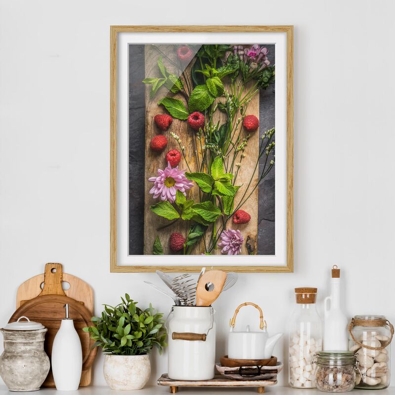 

Póster enmarcado - Flowers Raspberry Mint Dimensión LxA: 100cm x 70cm, Marco: Roble