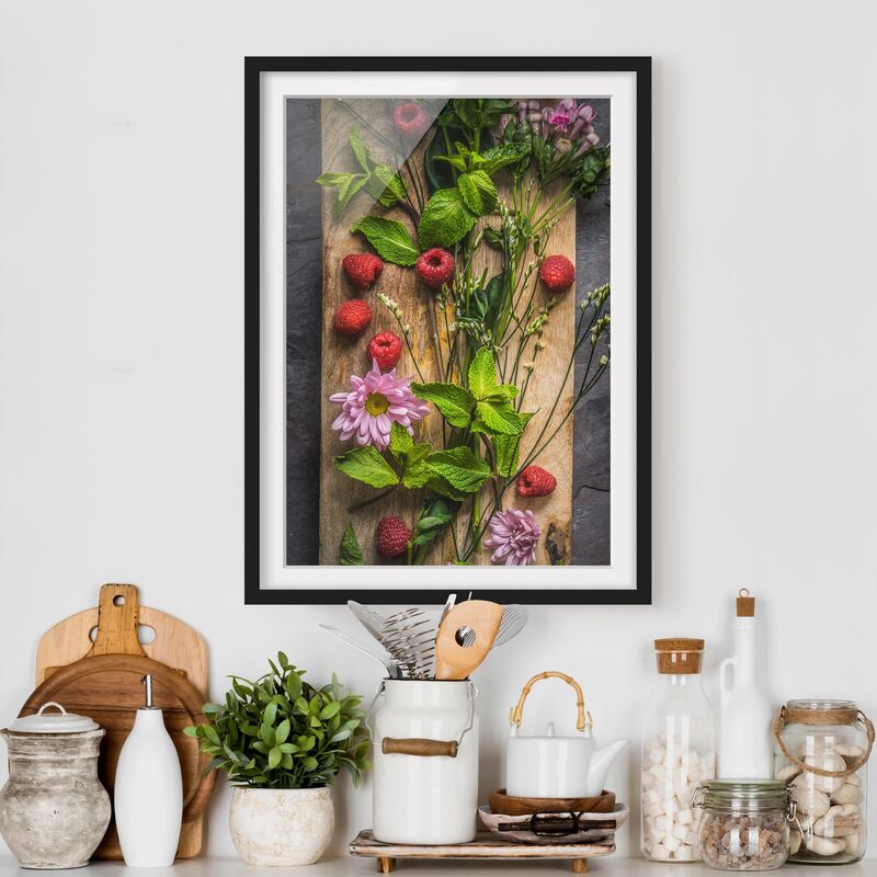 

Póster enmarcado - Flowers Raspberry Mint Dimensión LxA: 70cm x 50cm, Marco: Negro