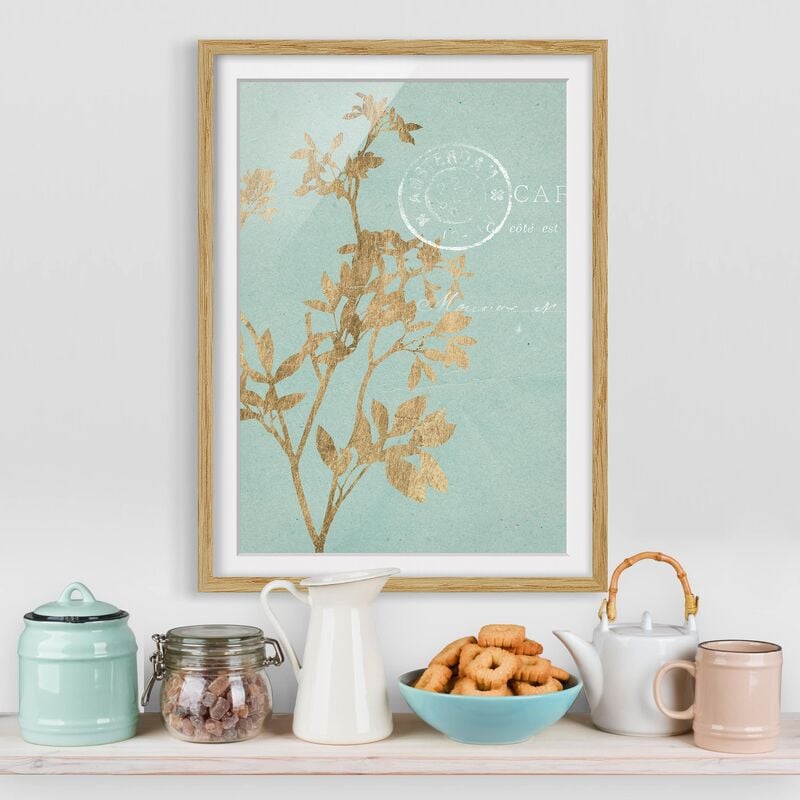 

Póster enmarcado - Foglie D'Oro Su Turquoise I Dimensión LxA: 100cm x 70cm, Marco: Roble