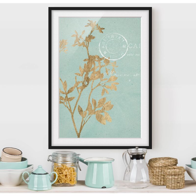 

Póster enmarcado - Foglie D'Oro Su Turquoise I Dimensión LxA: 55cm x 40cm, Marco: Negro