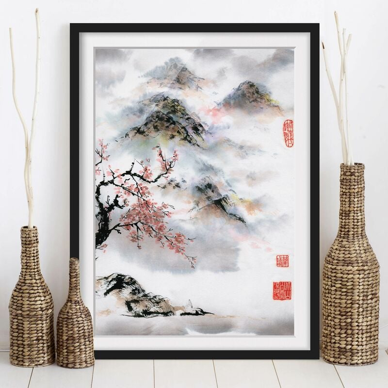 

Póster enmarcado - Giapponese disegno ad acquerello Ciliegio E Montagne Dimensión LxA: 70cm x 50cm, Marco: Negro
