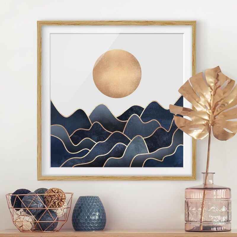 

Póster enmarcado - Golden Sun Blue Waves Dimensión LxA: 20cm x 20cm, Marco: Roble