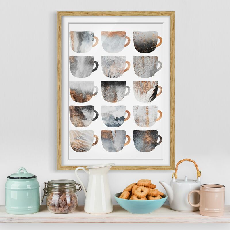 

Póster enmarcado - Grey tazze di caffè con oro Dimensión LxA: 100cm x 70cm, Marco: Roble