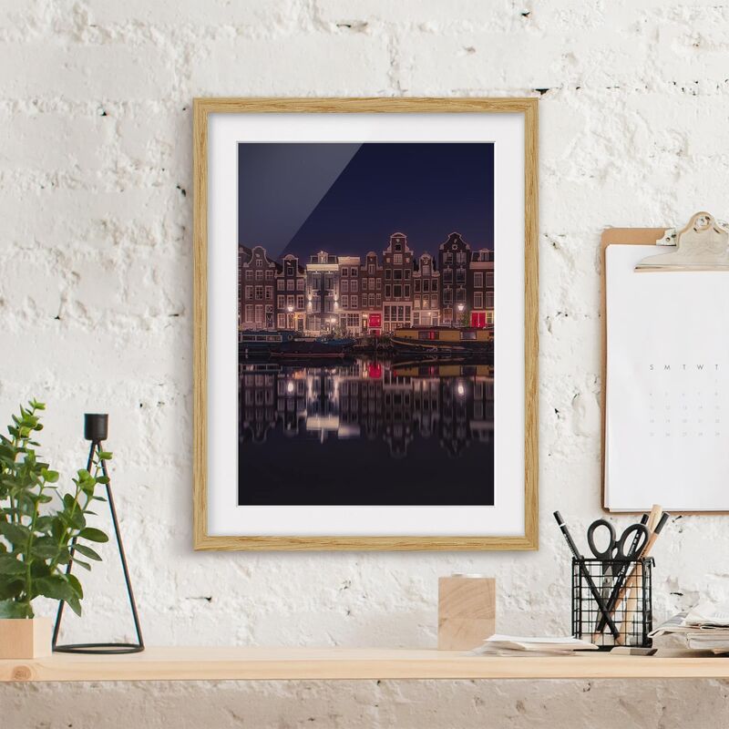 

Póster enmarcado - Houseboats In Amsterdam Dimensión LxA: 100cm x 70cm, Marco: Roble