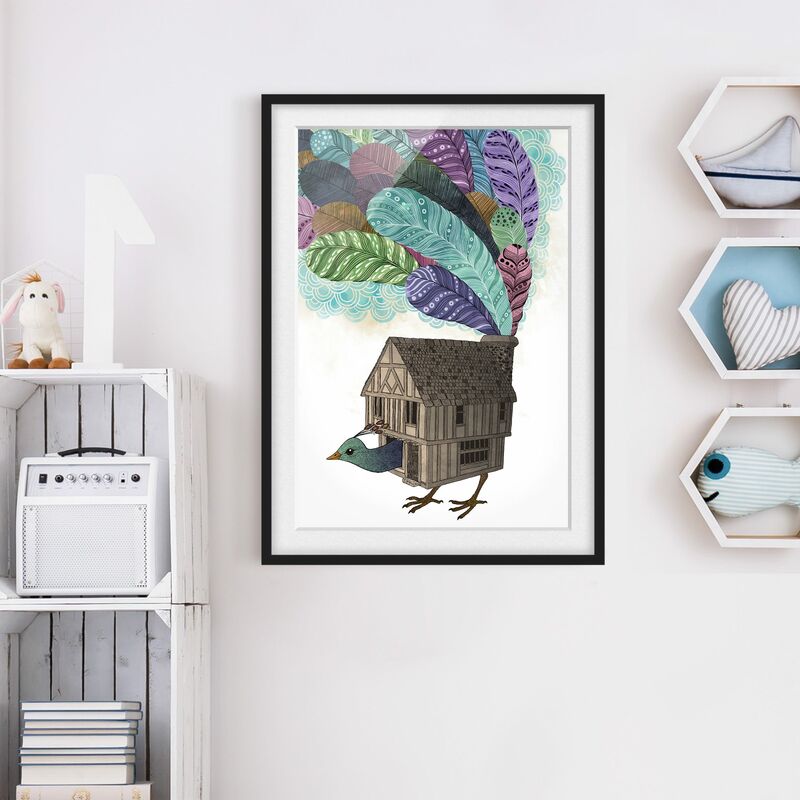 

Póster enmarcado - Illustrazione Bird House con le piume Dimensión LxA: 70cm x 50cm, Marco: Negro