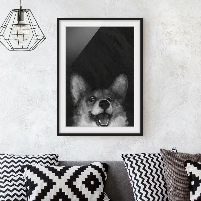 

Póster enmarcado - Illustrazione Cane Corgi Pittura Bianco e nero Dimensión LxA: 100cm x 70cm, Marco: Negro