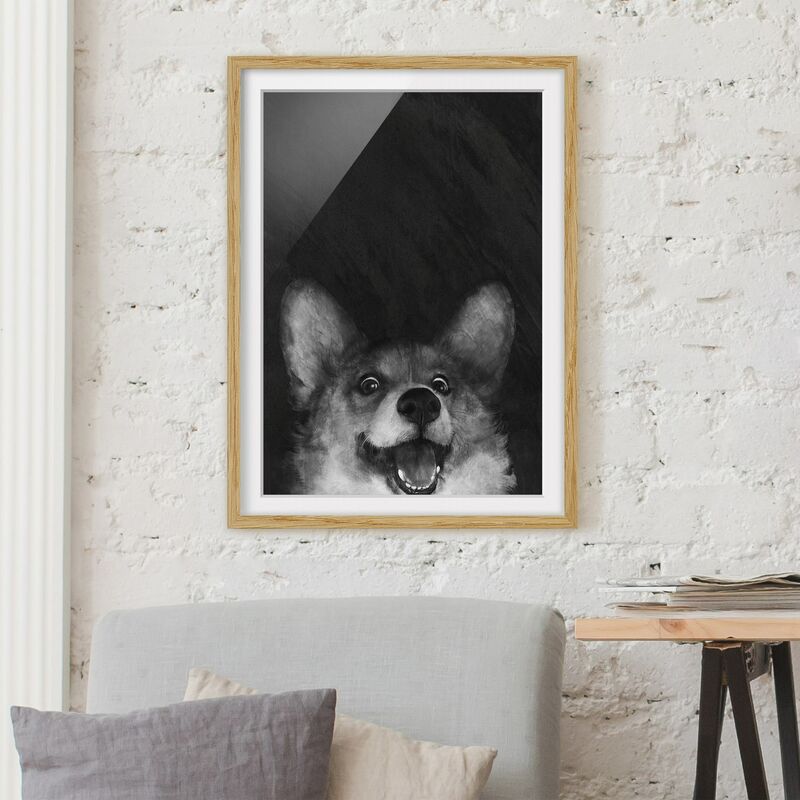 

Póster enmarcado - Illustrazione Cane Corgi Pittura Bianco e nero Dimensión LxA: 70cm x 50cm, Marco: Roble