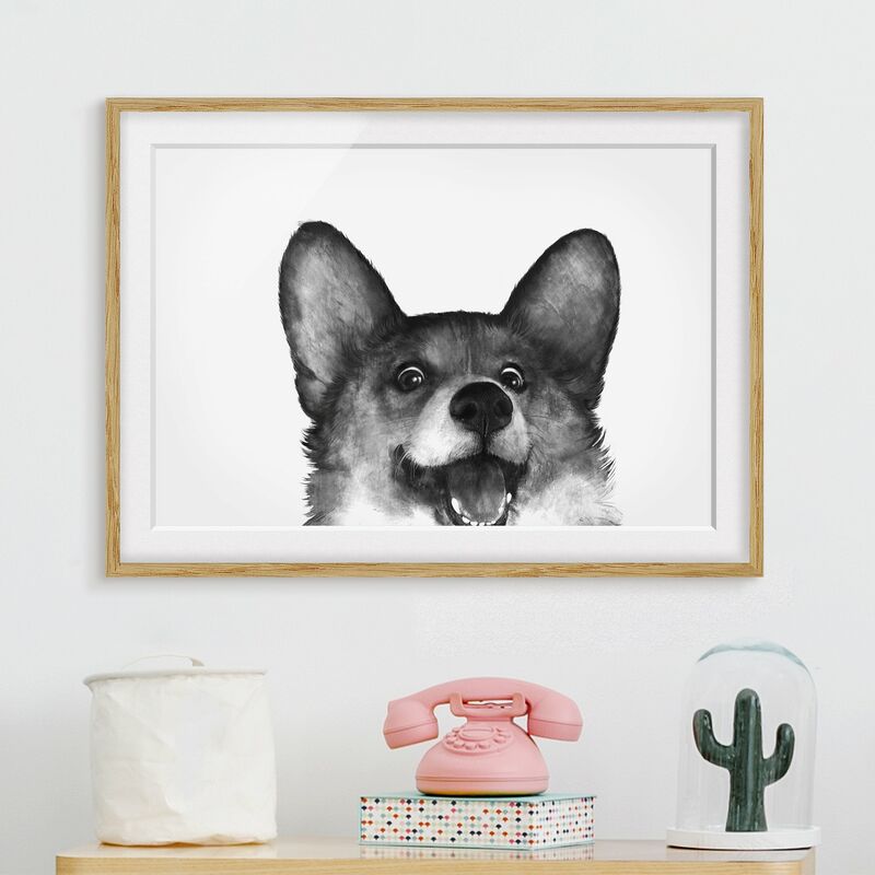 

Póster enmarcado - Illustrazione Cane Corgi Bianco Nero Pittura Dimensión LxA: 50cm x 70cm, Marco: Roble