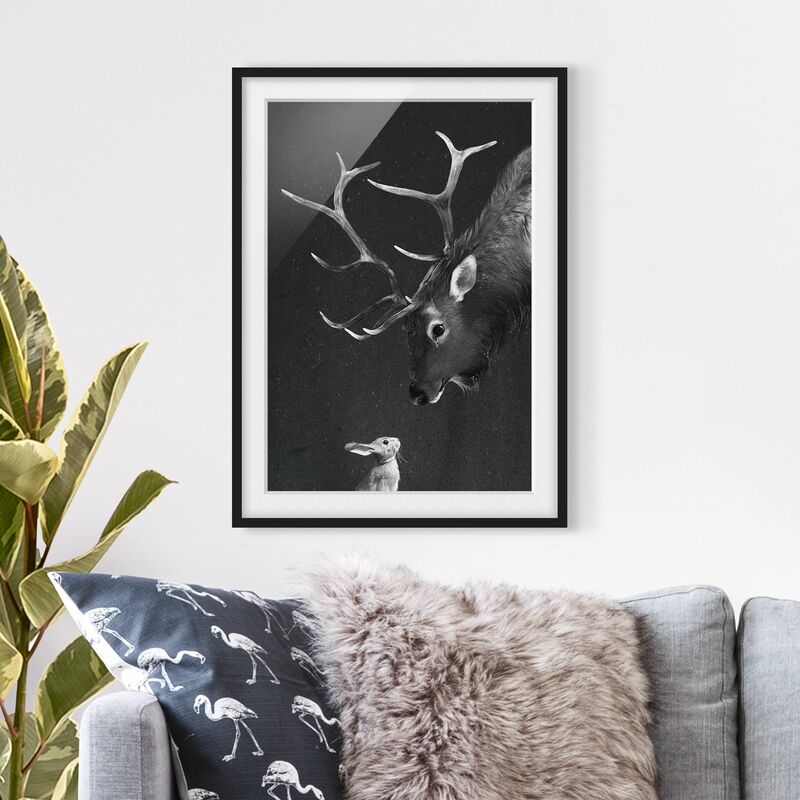 

Póster enmarcado - Illustrazione Cervi E coniglio pittura Bianco e nero Dimensión LxA: 24cm x 18cm, Marco: Negro