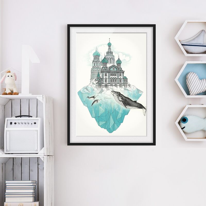 

Póster enmarcado - Illustrazione Chiesa, con cupole e Balena Dimensión LxA: 24cm x 18cm, Marco: Negro