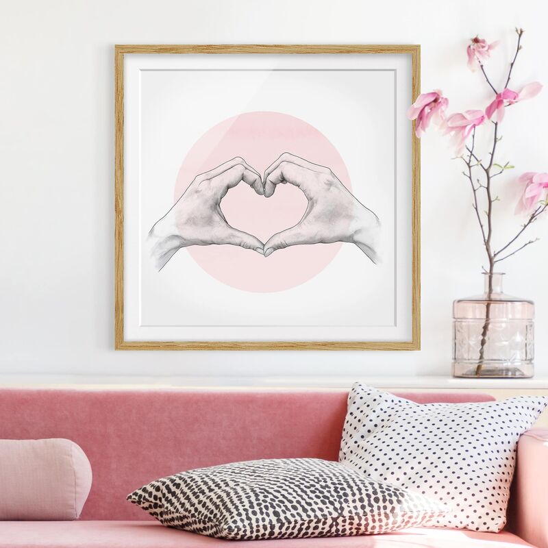 

Póster enmarcado - Illustrazione Cuore cerchio mani Rosa Bianco Dimensión LxA: 20cm x 20cm, Marco: Roble