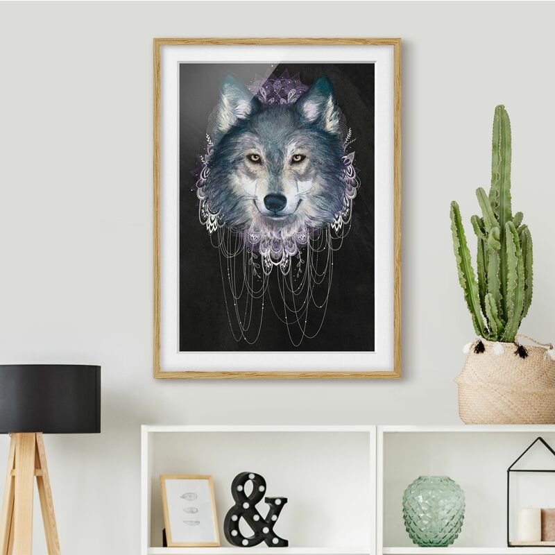 

Póster enmarcado - Illustrazione del lupo Boho Dreamcatcher nero Dimensión LxA: 40cm x 30cm, Marco: Roble