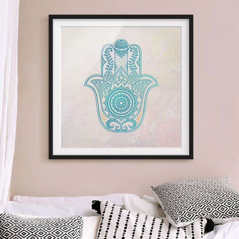 

Póster enmarcado - Illustrazione Hamsa mano Mandala Oro Blu Dimensión LxA: 30cm x 30cm, Marco: Negro