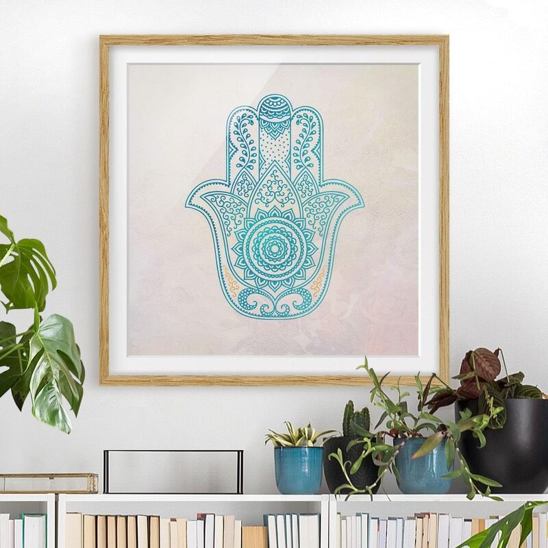 

Póster enmarcado - Illustrazione Hamsa mano Mandala Oro Blu Dimensión LxA: 70cm x 70cm, Marco: Roble