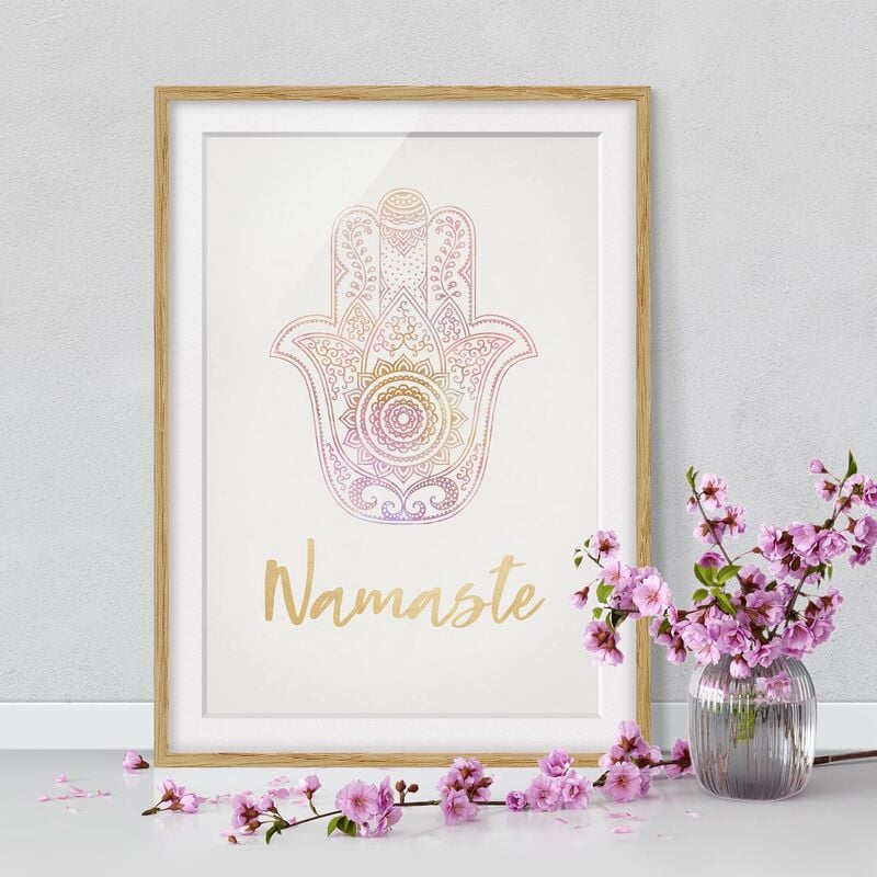 

Póster enmarcado - Illustrazione Hamsa mano Namaste oro rosa Dimensión LxA: 24cm x 18cm, Marco: Roble