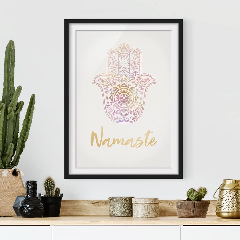

Póster enmarcado - Illustrazione Hamsa mano Namaste oro rosa Dimensión LxA: 24cm x 18cm, Marco: Negro