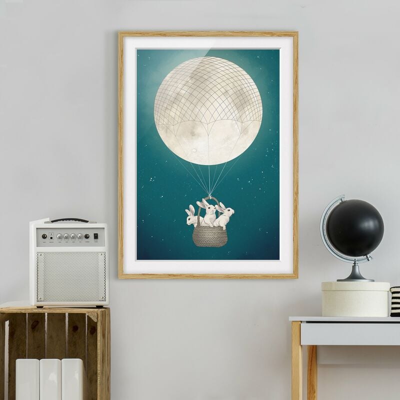 

Póster enmarcado - Illustrazione Hare Balloon Luna cielo stellato Dimensión LxA: 70cm x 50cm, Marco: Roble