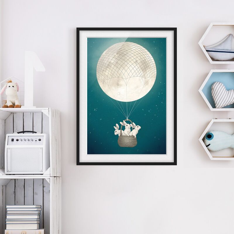 

Póster enmarcado - Illustrazione Hare Balloon Luna cielo stellato Dimensión LxA: 100cm x 70cm, Marco: Negro