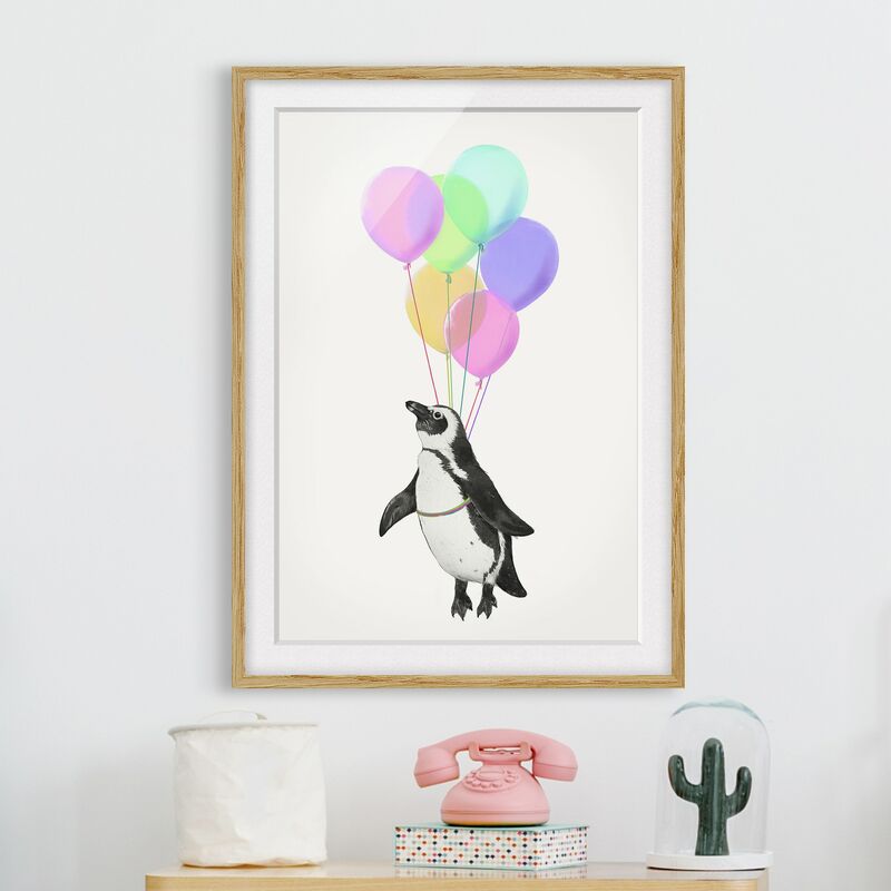 

Póster enmarcado - Illustrazione Penguin pastello Palloncini Dimensión LxA: 100cm x 70cm, Marco: Roble