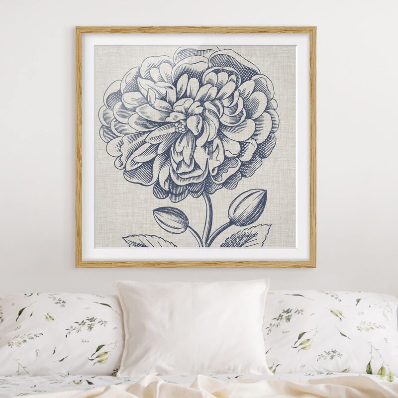 

Póster enmarcado - Indigo Blossom On Linen III Dimensión LxA: 70cm x 70cm, Marco: Roble