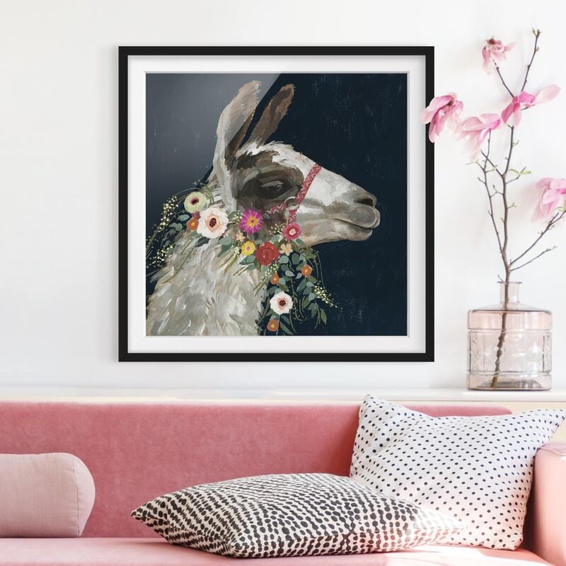 

Póster enmarcado - Lama With Floral Decoration I Dimensión LxA: 70cm x 70cm, Marco: Negro