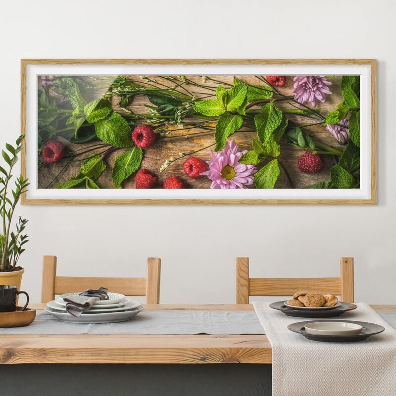 

Póster enmarcado - Lampone Menta Fiori Dimensión LxA: 50cm x 130cm, Marco: Roble