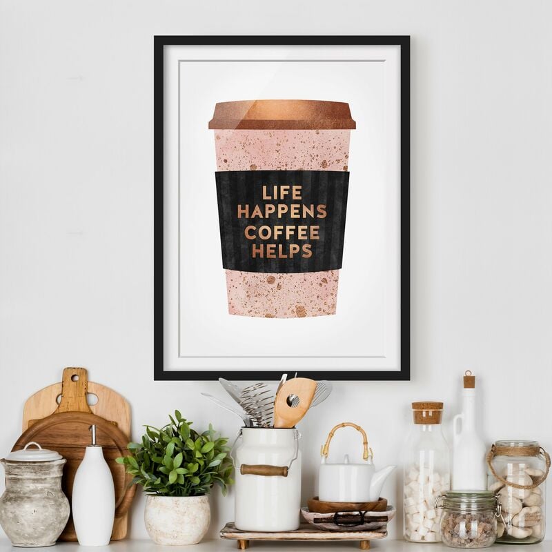 

Póster enmarcado - Life Happens caffè aiuta oro Dimensión LxA: 40cm x 30cm, Marco: Negro