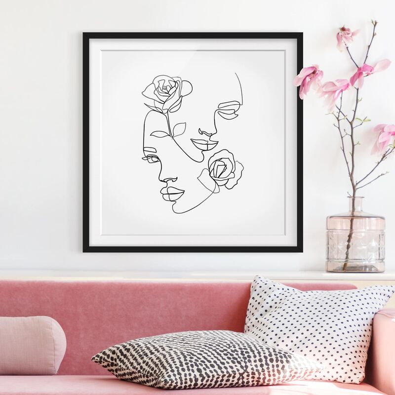 

Póster enmarcado - Line Art Faces donne Roses Bianco e nero Dimensión LxA: 70cm x 70cm, Marco: Negro
