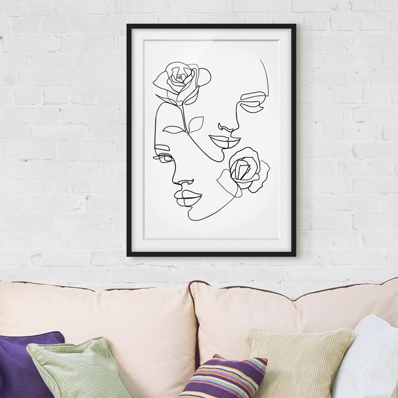 

Póster enmarcado - Line Art Faces donne Roses Bianco e nero Dimensión LxA: 100cm x 70cm, Marco: Negro