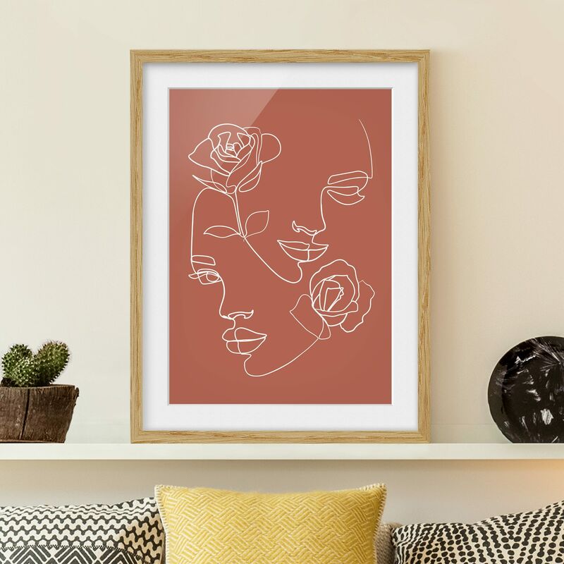 

Póster enmarcado - Line Art Faces donne Roses rame Dimensión LxA: 70cm x 50cm, Marco: Roble