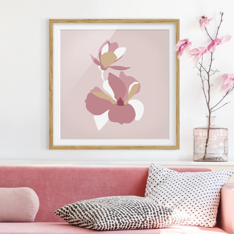 

Póster enmarcado - Line Art Fiori rosa pastello Dimensión LxA: 70cm x 70cm, Marco: Roble