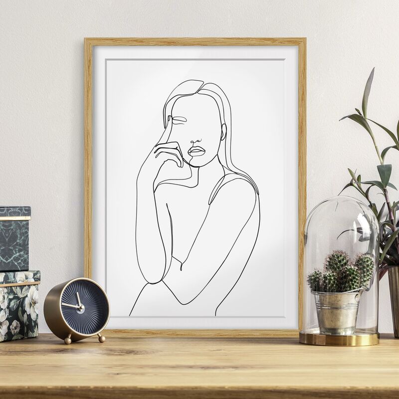 

Póster enmarcado - Line Art Pensieroso donna Bianco e nero Dimensión LxA: 70cm x 50cm, Marco: Roble