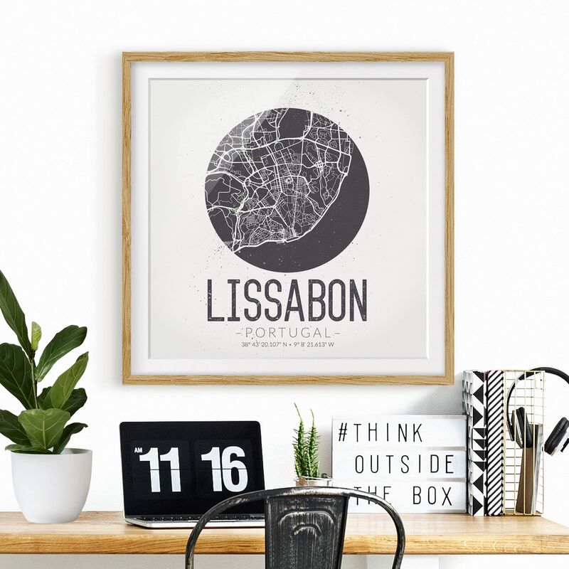 

Póster enmarcado - Lisbon City Map - Retro Dimensión LxA: 50cm x 50cm, Marco: Roble