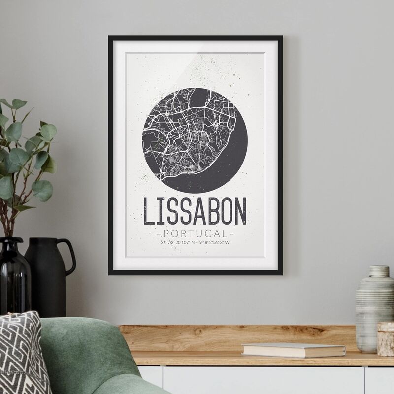 

Póster enmarcado - Lisbon City Map - Retro Dimensión LxA: 40cm x 30cm, Marco: Negro