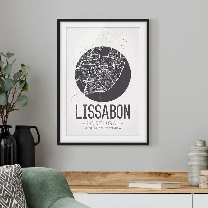 

Póster enmarcado - Lisbon City Map - Retro Dimensión LxA: 70cm x 50cm, Marco: Negro