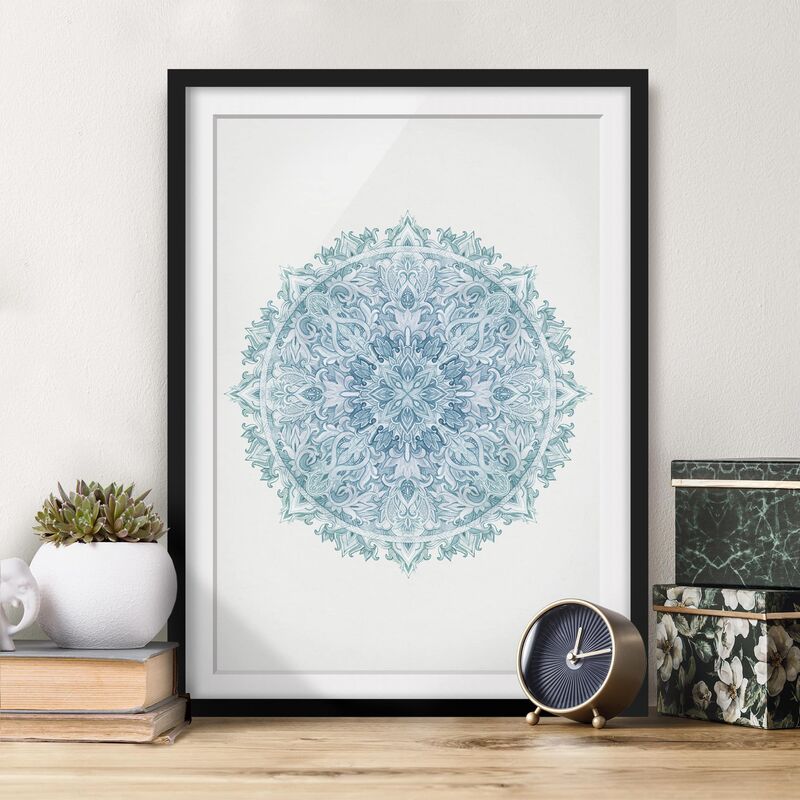 

Póster enmarcado - Mandala Acquerello ornamento a mano del turchese verniciato Dimensión LxA: 24cm x 18cm, Marco: Negro