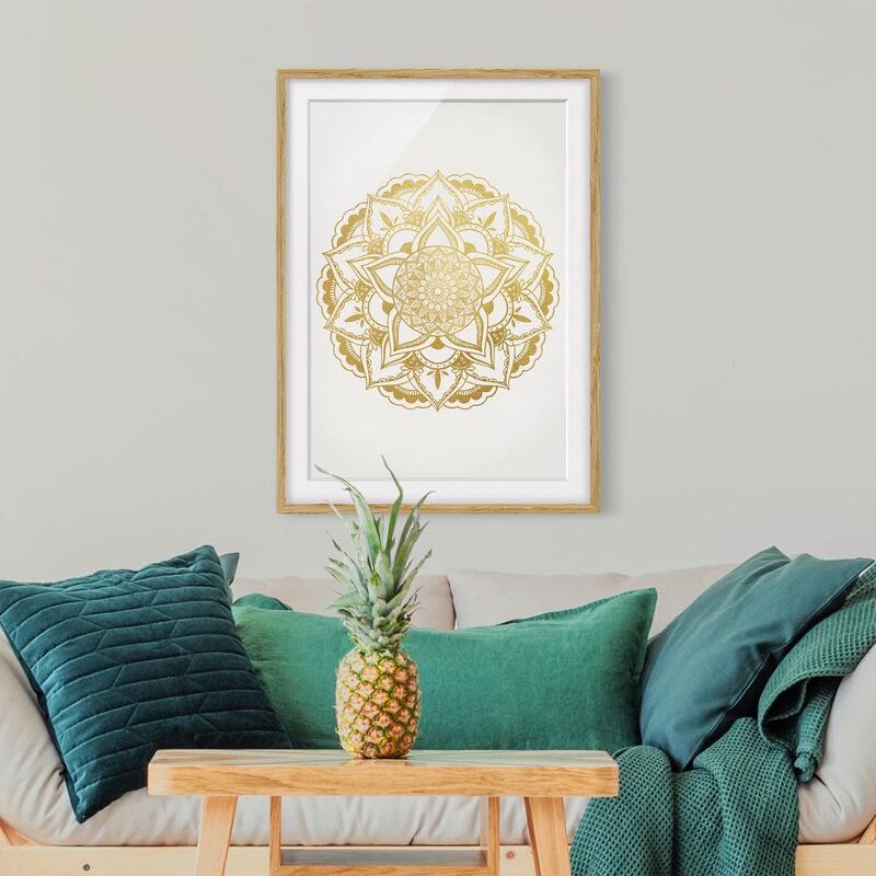 

Póster enmarcado - Mandala Illustrazione ornamento oro bianco Dimensión LxA: 70cm x 50cm, Marco: Roble