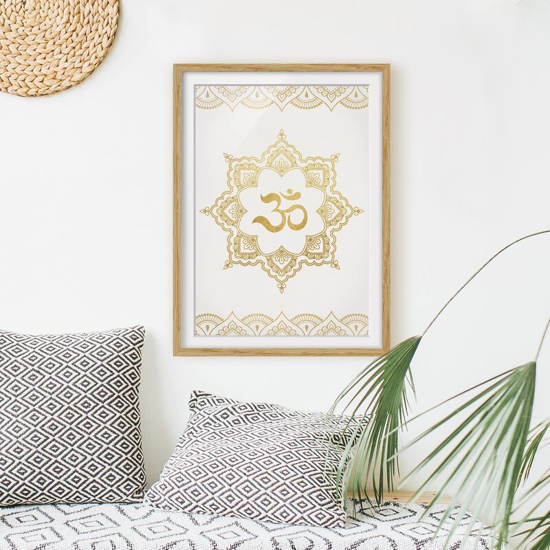 

Póster enmarcado - Mandala Om Illustrazione ornamento oro bianco Dimensión LxA: 70cm x 50cm, Marco: Roble