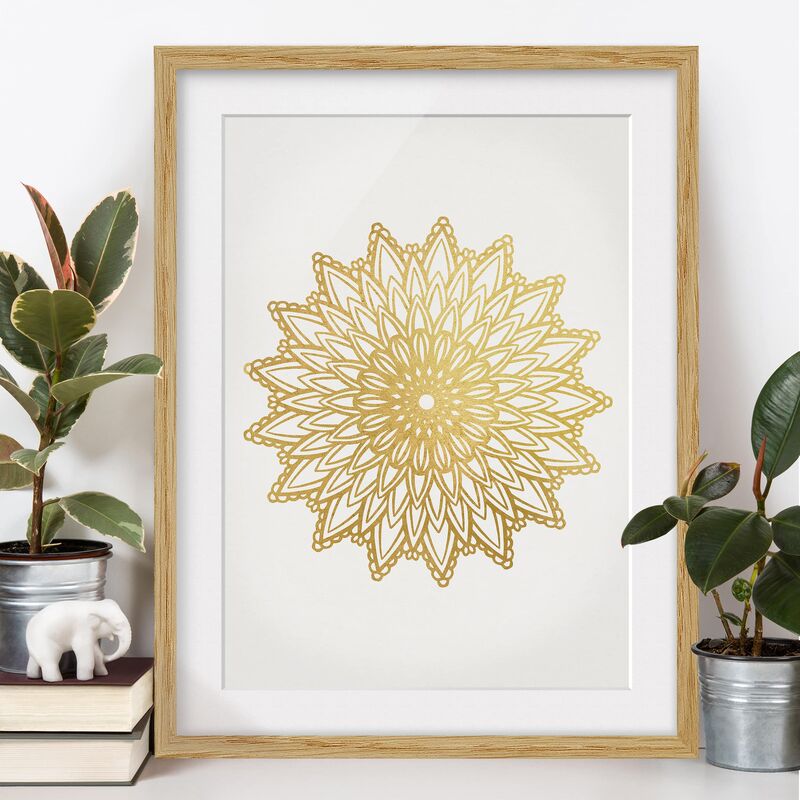 

Póster enmarcado - Mandala Sun Illustrazione oro bianco Dimensión LxA: 40cm x 30cm, Marco: Roble