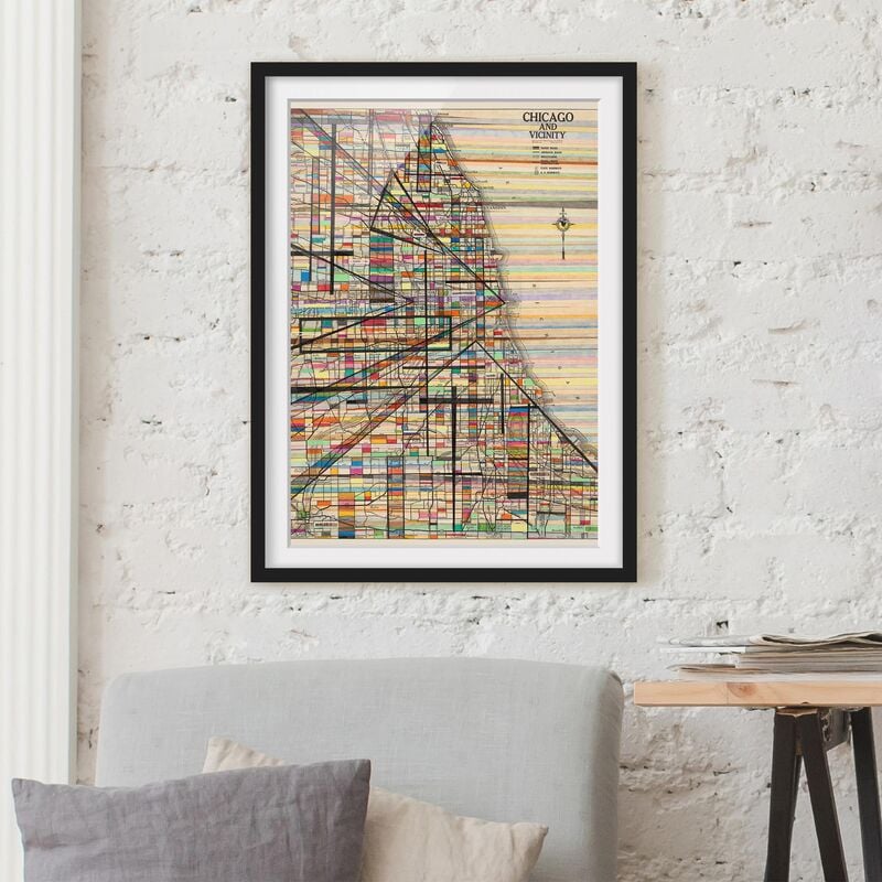 

Póster enmarcado - Mappa Moderna Di Chicago Dimensión LxA: 70cm x 50cm, Marco: Negro