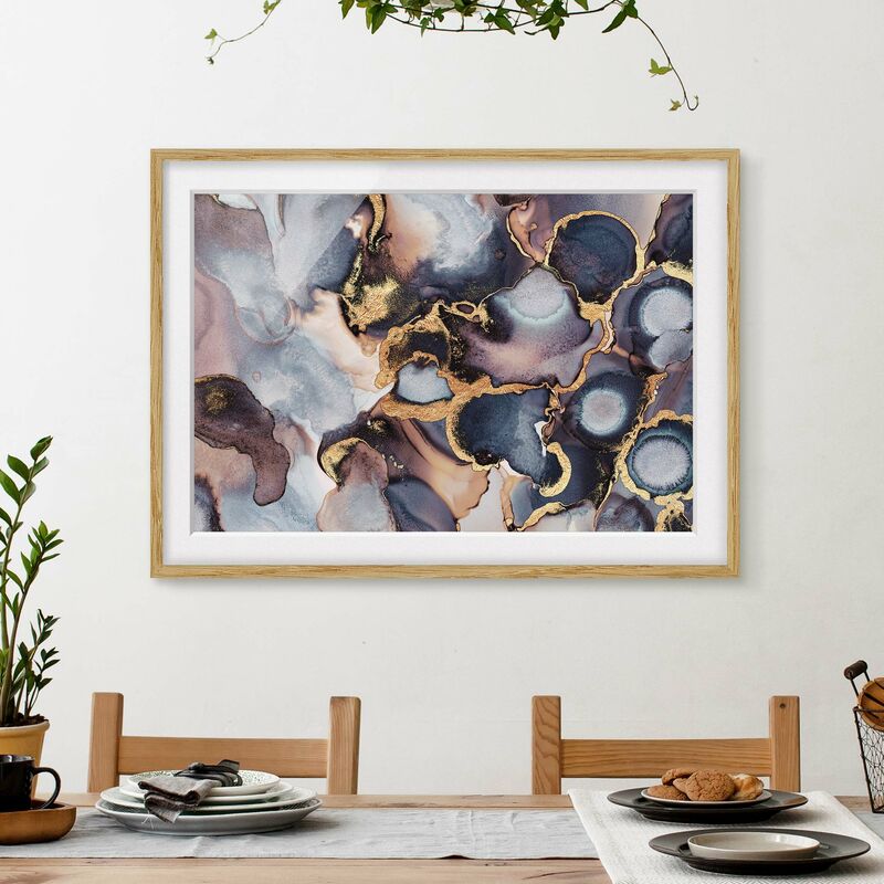 

Póster enmarcado - Marmo Acquerello con oro Dimensión LxA: 40cm x 55cm, Marco: Roble