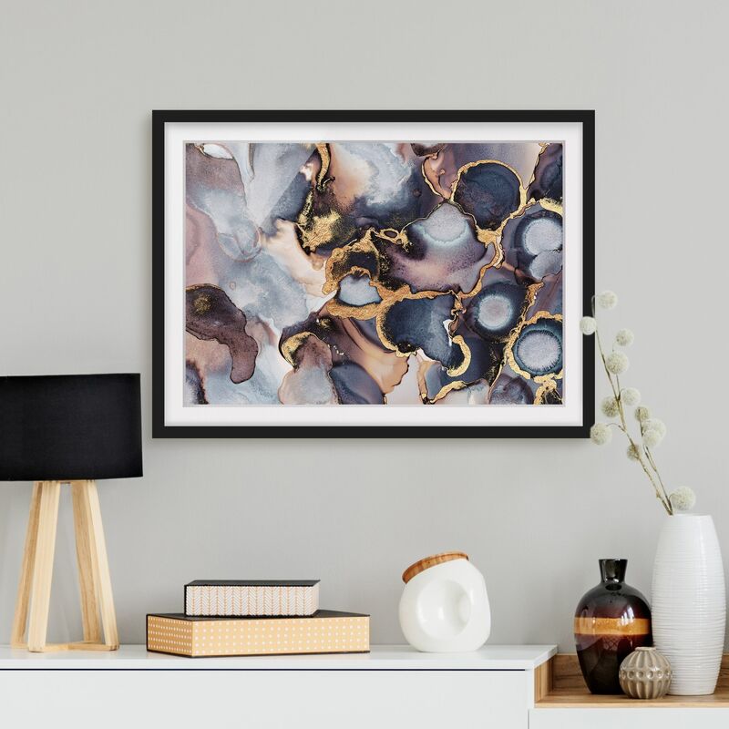 

Póster enmarcado - Marmo Acquerello con oro Dimensión LxA: 18cm x 24cm, Marco: Negro