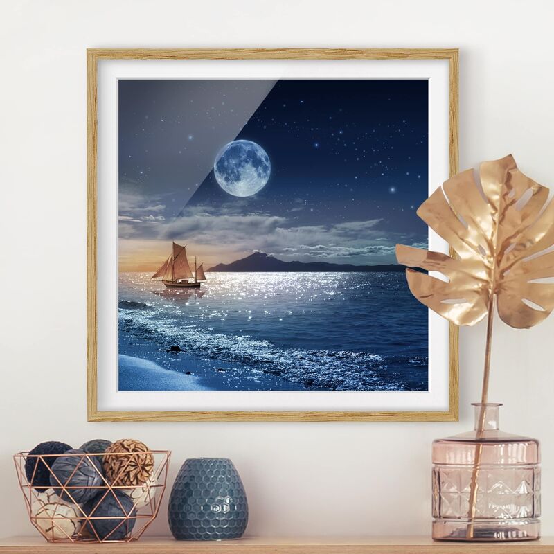 

Póster enmarcado - Moon Night Sea Dimensión LxA: 50cm x 50cm, Marco: Roble