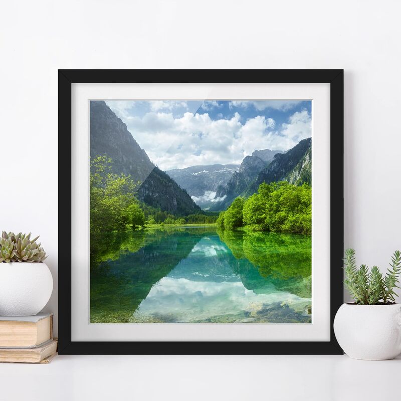 

Póster enmarcado - Mountain Lake With Reflection Dimensión LxA: 20cm x 20cm, Marco: Negro