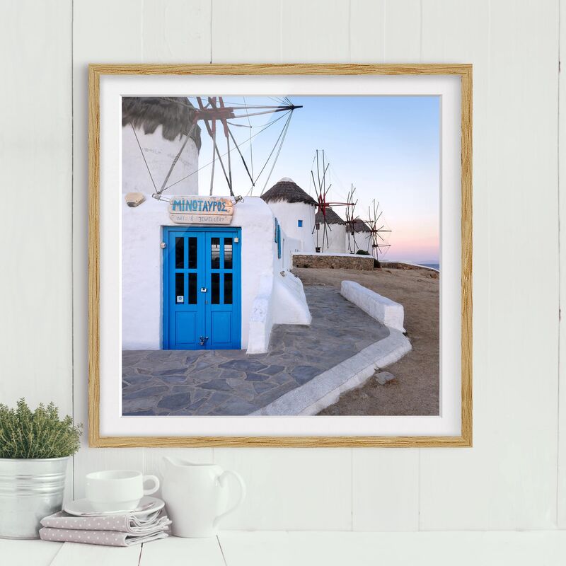 

Póster enmarcado - Mykonos Windmills Dimensión LxA: 30cm x 30cm, Marco: Roble