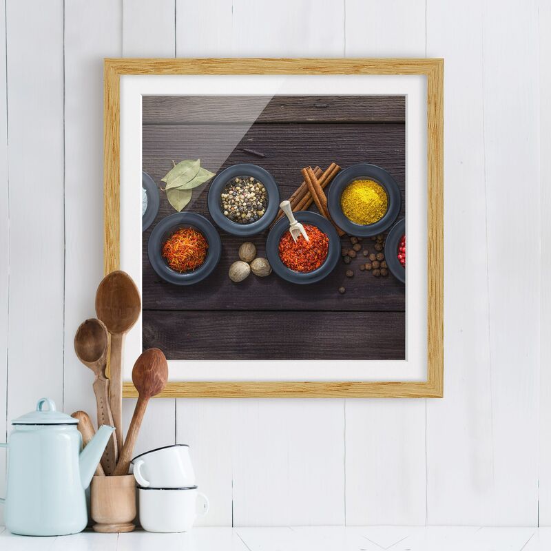 

Póster enmarcado - Nero ciotole con Spezie Dimensión LxA: 50cm x 50cm, Marco: Roble