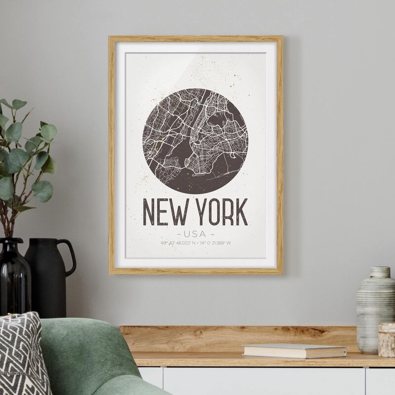 

Póster enmarcado - New York City Map - Retro Dimensión LxA: 100cm x 70cm, Marco: Roble